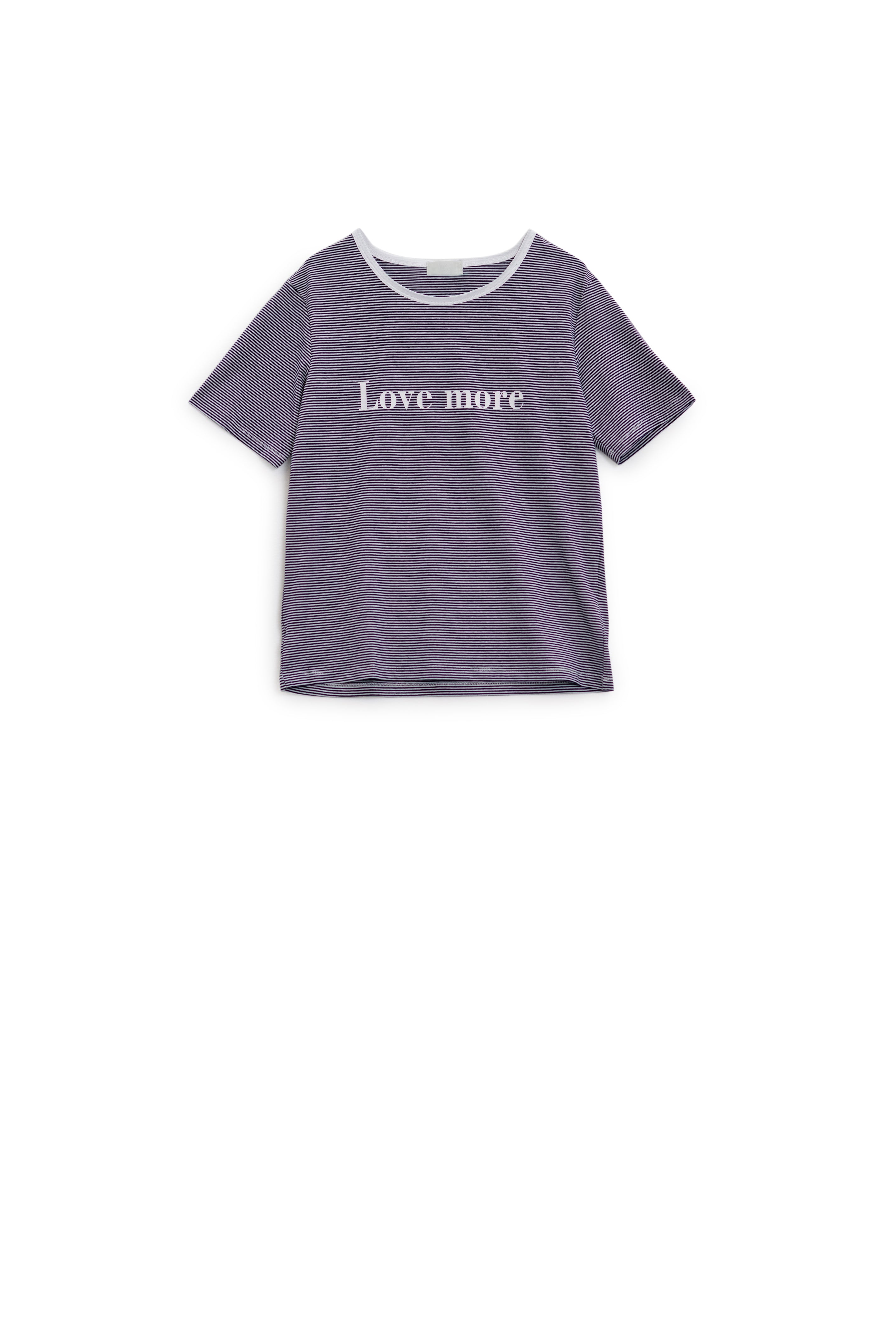 White T-shirt with black stripes and Love More texted