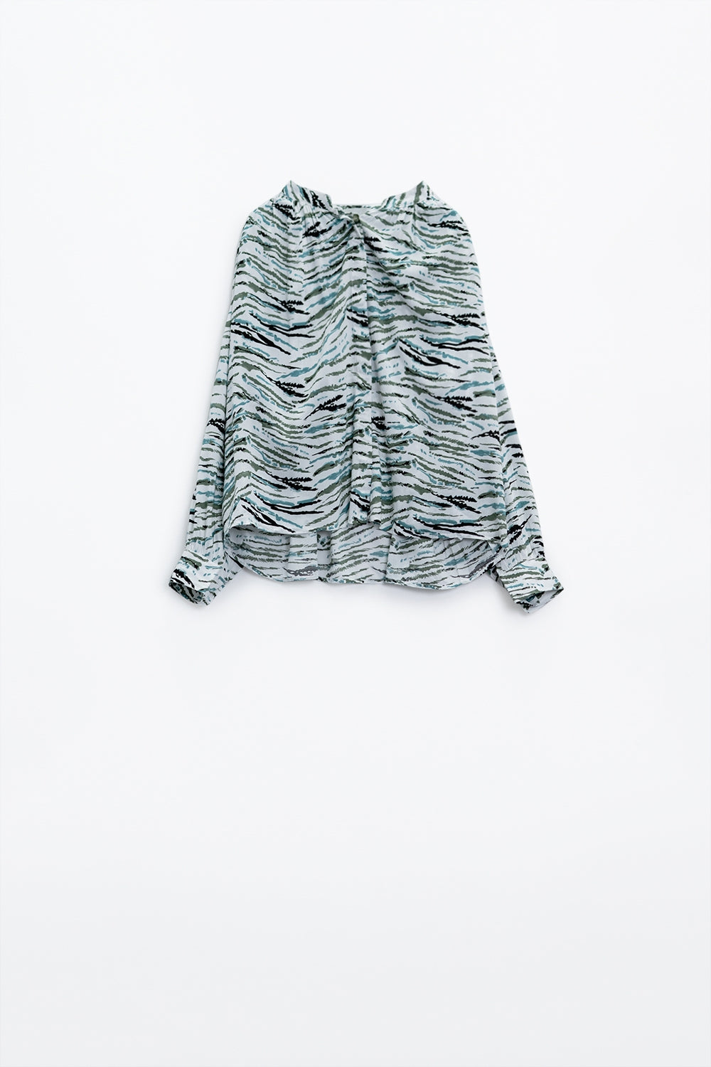 White Blouse With Green Animal Print And Long Sleeves