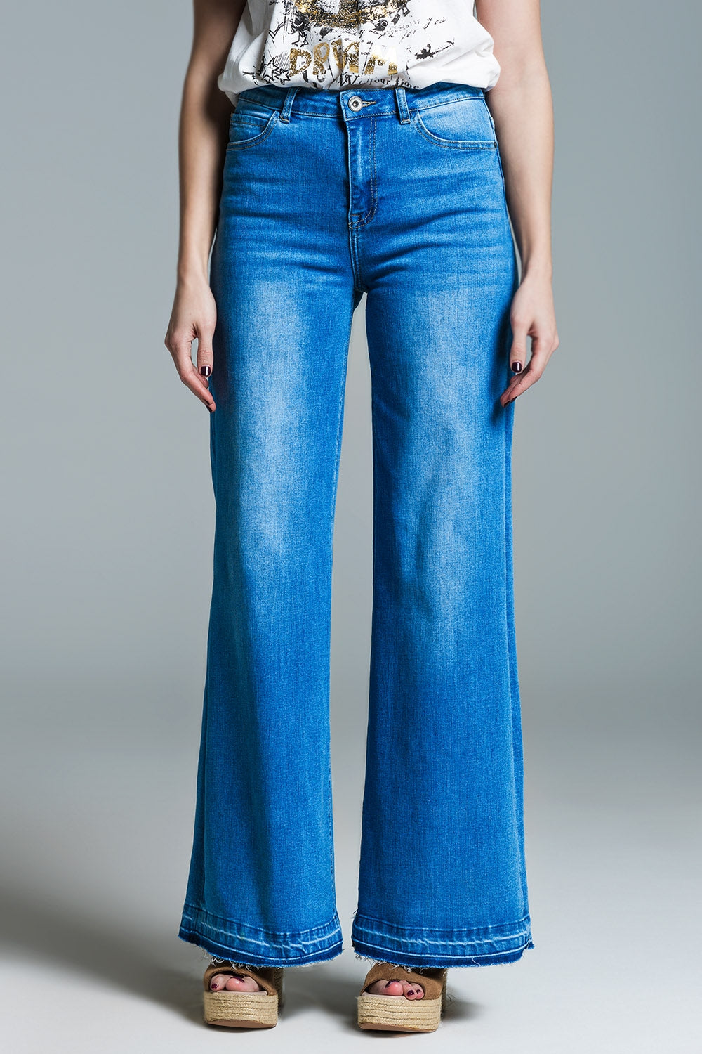Palazzo Style Jeans in Mid Wash With Double Stitching Detail at The Hem
