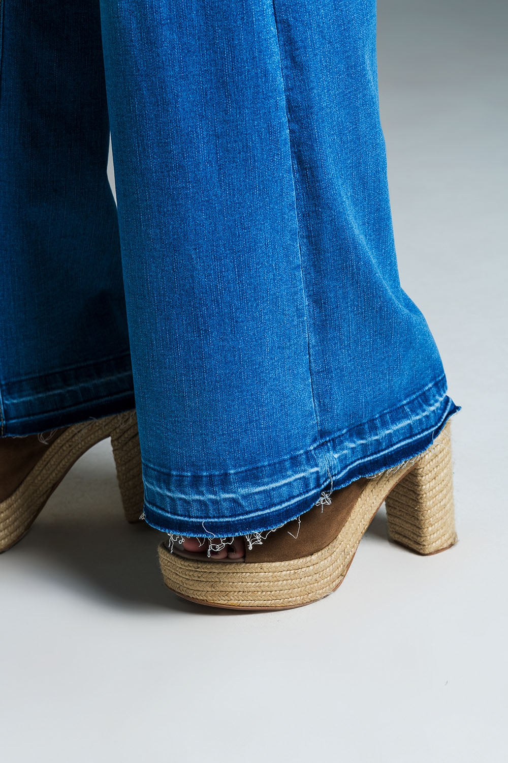 Palazzo Style Jeans in Mid Wash With Double Stitching Detail at The Hem