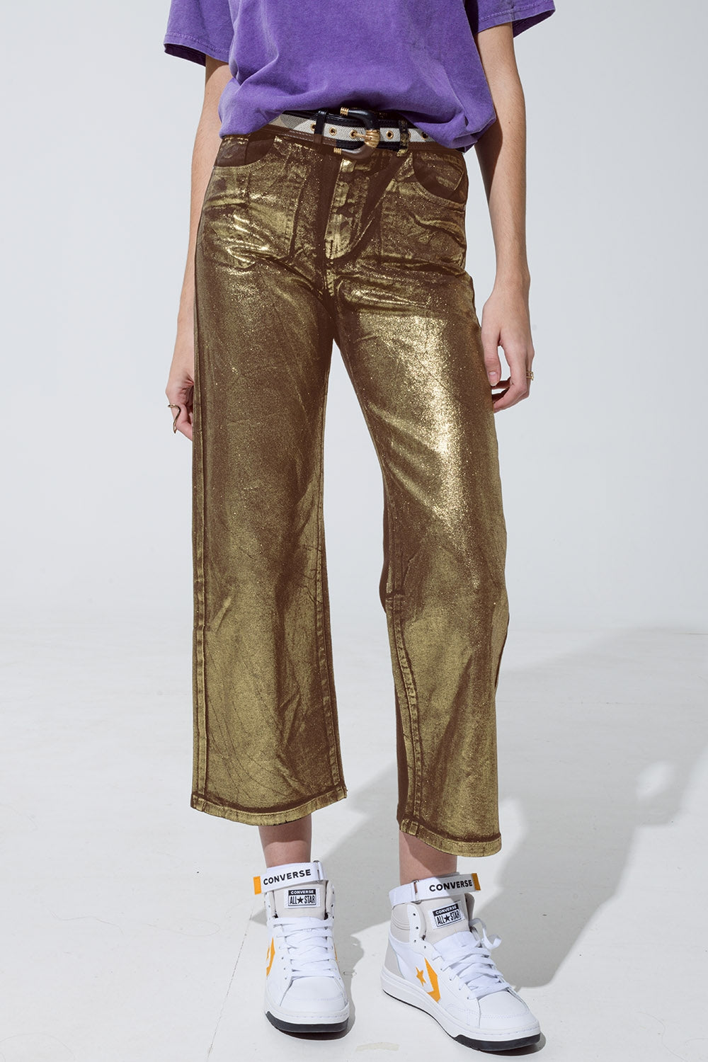 Brown straight leg jeans with gold metallic glow
