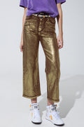 Brown straight leg jeans with gold metallic glow