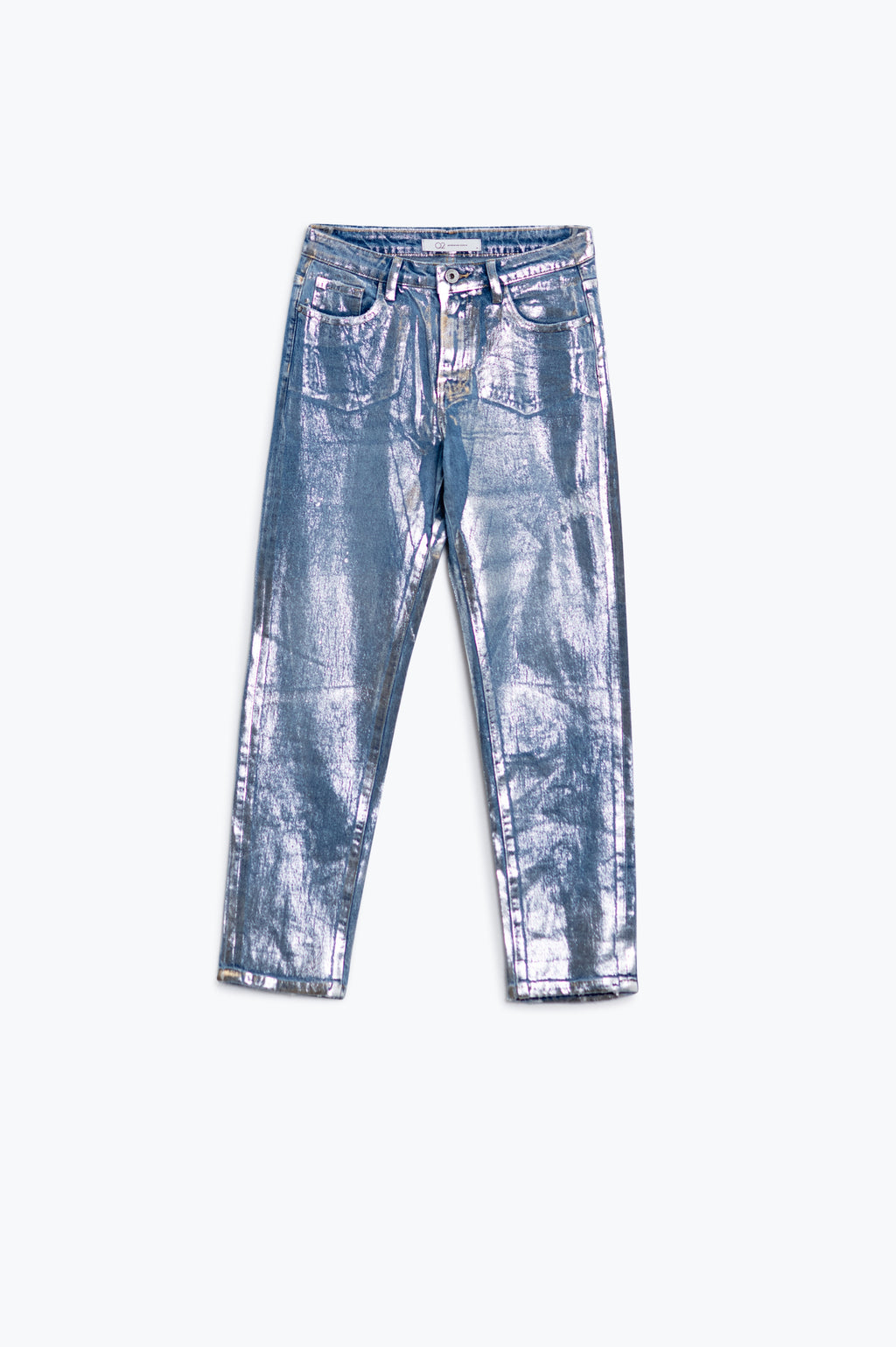 skinny blue jeans with metallic finish in light wash