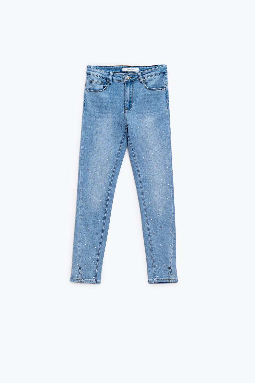 Five-pocket skinny jeans in stretch denim with strass detail all over