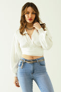 satin wrap crop top fitted at the waist in white