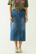 Midi denim skirt with front pockets
