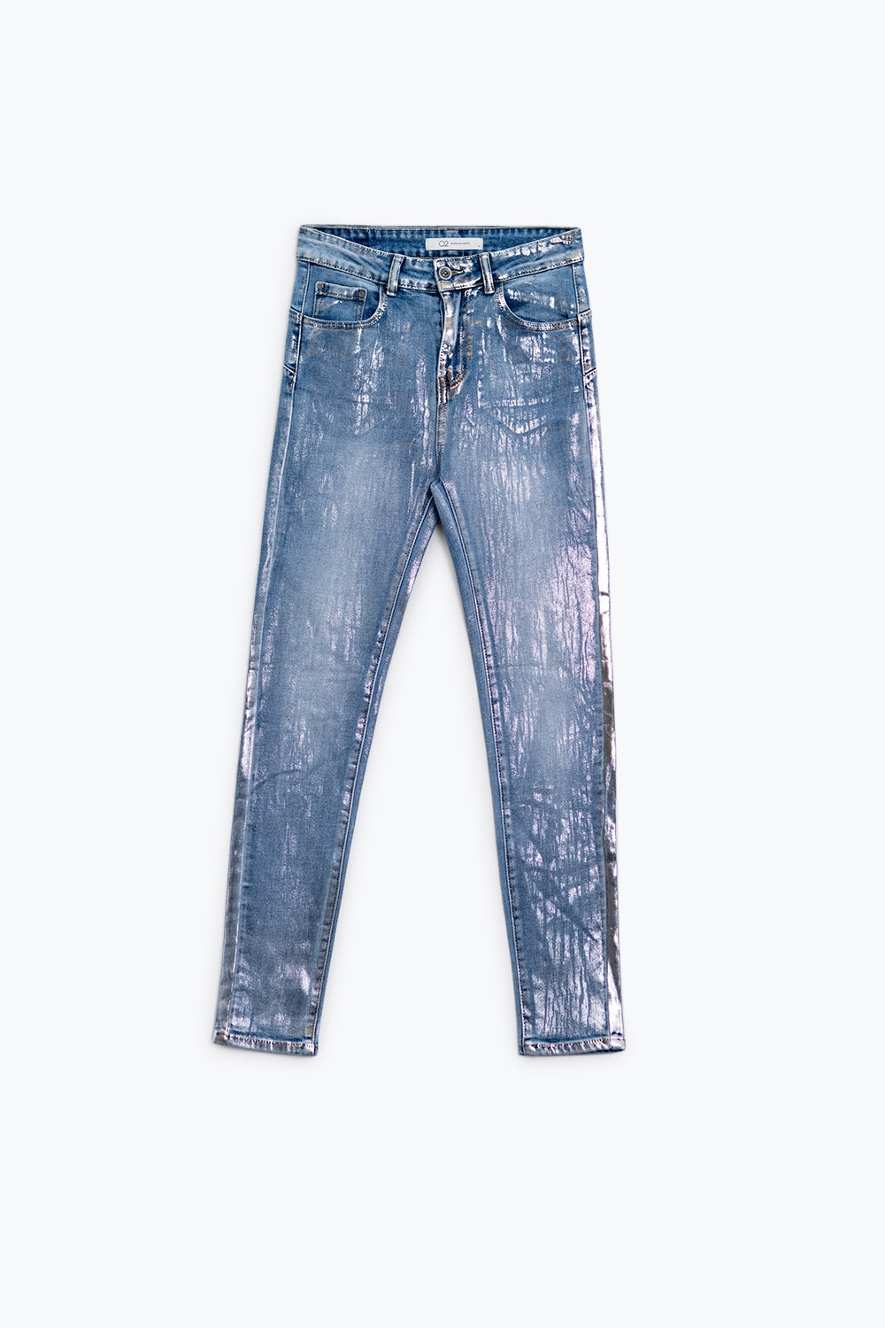 High-waisted jeans with five pockets with silver powder-coated effect