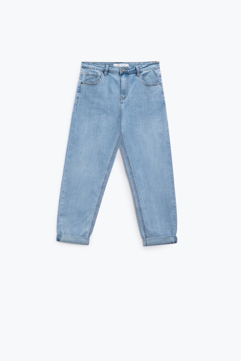 Boyfriend light blue jeans with stitching details on the edges