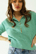 Green sweater with 3/4 sleeves and polo collar