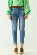 Washed effect push-up jeans with five pockets and hem