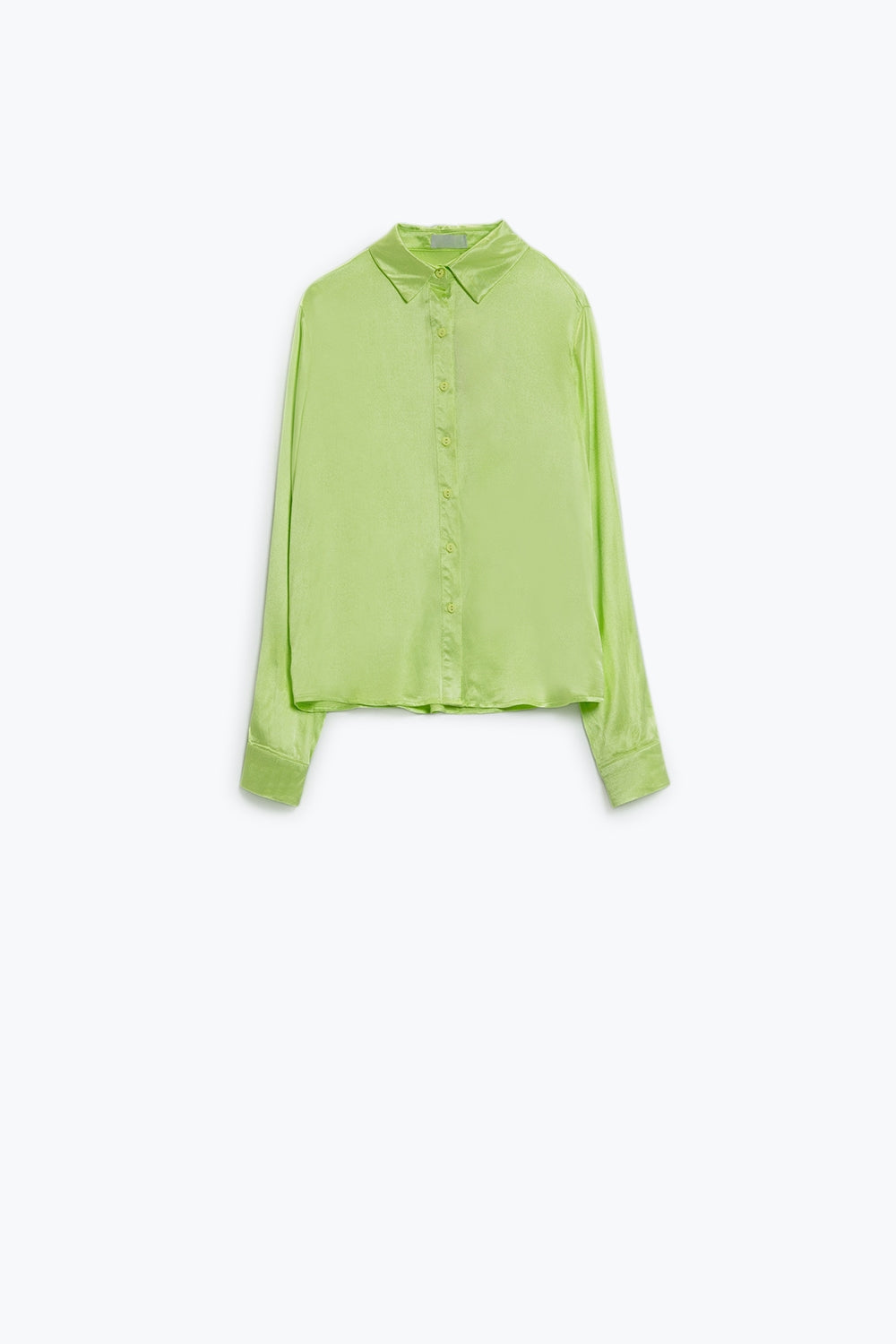 Long Sleeve Button Up satin Blouse With Polo Collar In The Color Lime