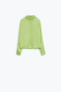 Long Sleeve Button Up satin Blouse With Polo Collar In The Color Lime