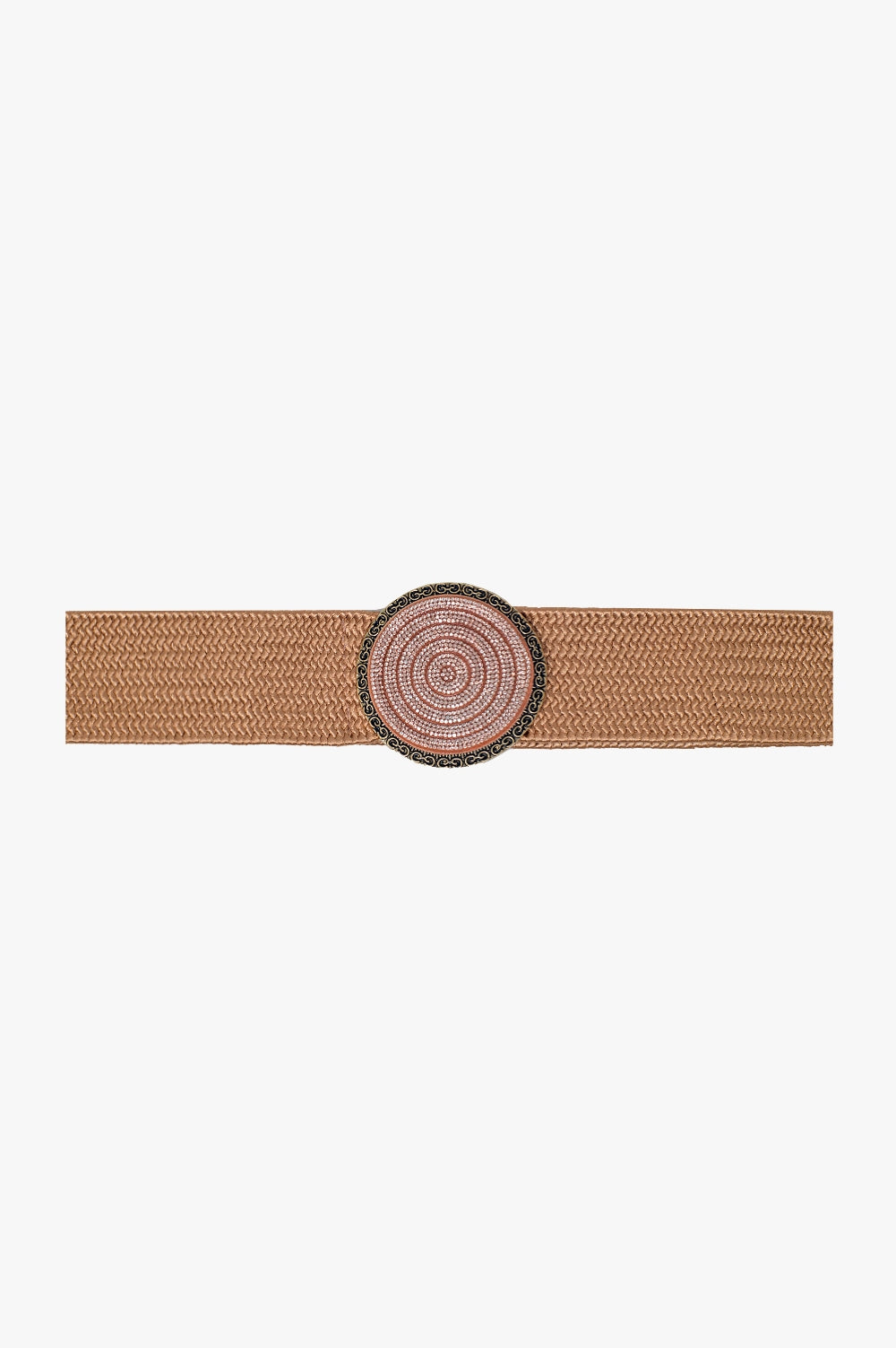 Pink woven belt with round buckle with rhinestones