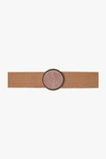 Pink woven belt with round buckle with rhinestones