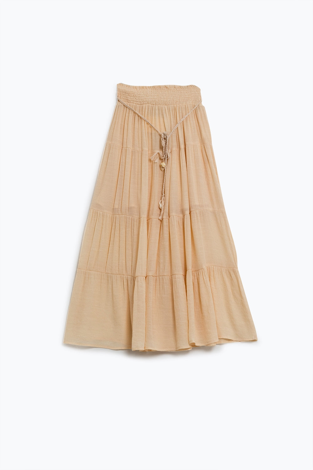 Tiered Maxi Skirt In Beige With Elastic Waist And Shell Details