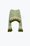 Short knitted cardigan with angel sleeves and wave multicolor detail in green