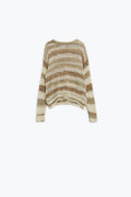 Open Knit Stripey Crew Neck Sweater in Shades of Brown