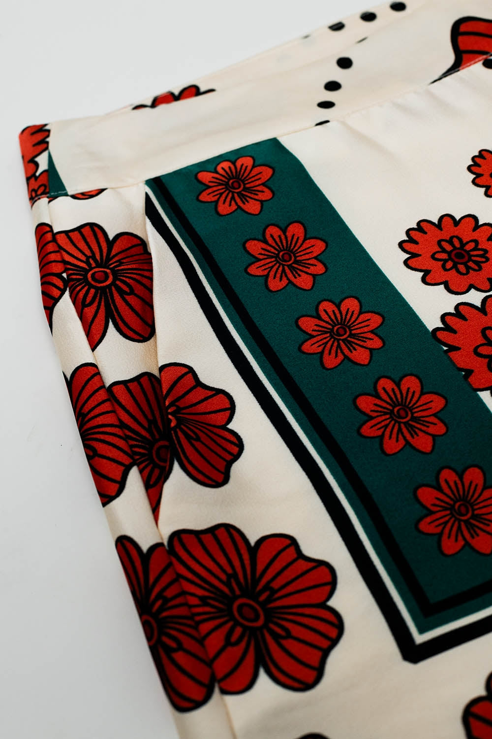 Satin Creme Flared Pants With Floral Design