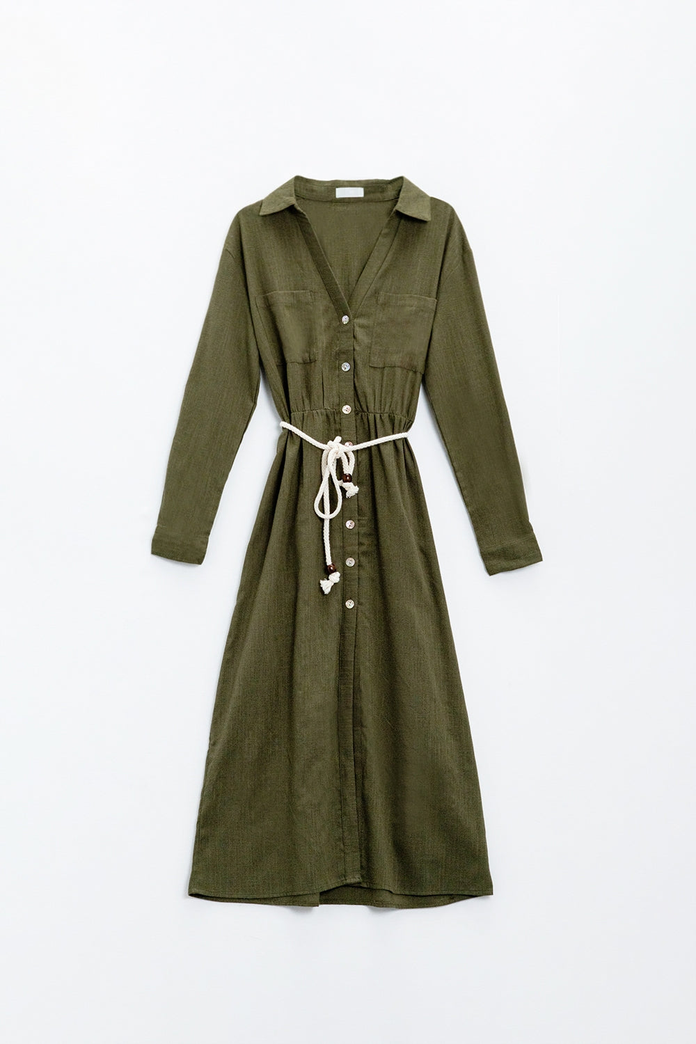Long sleeves Khaki shirt dress with button closure