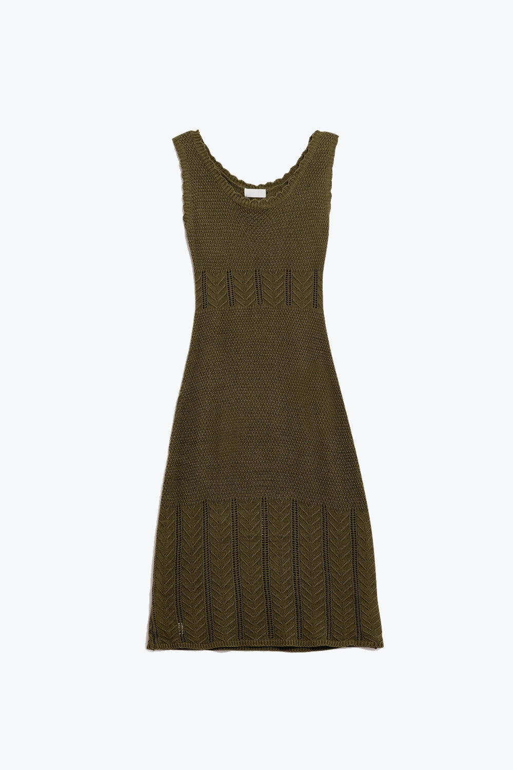 Sleeveless khaki knit midi dress with round neck