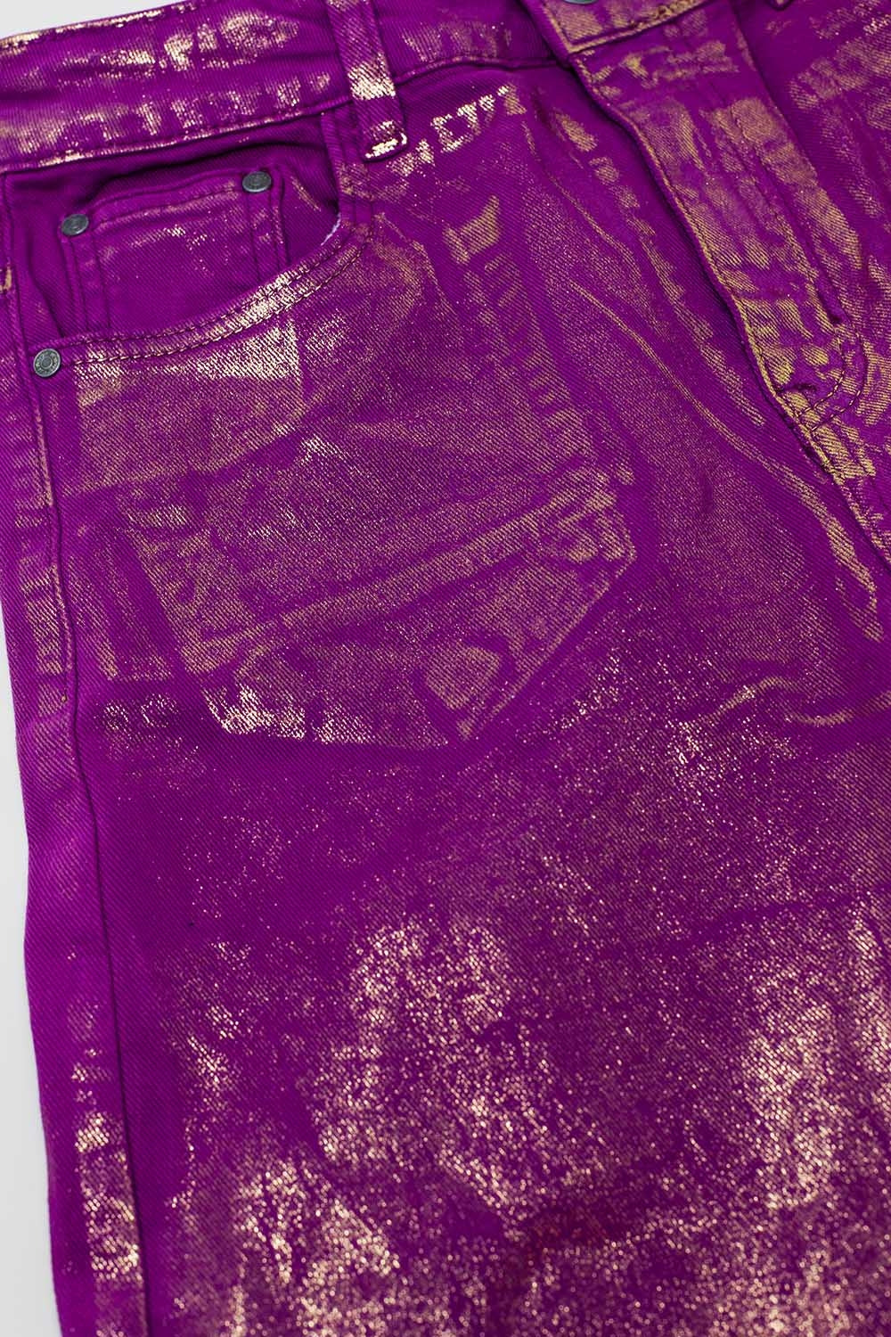 Magenta Wide Leg Jeans With Metallic Finish In Gold