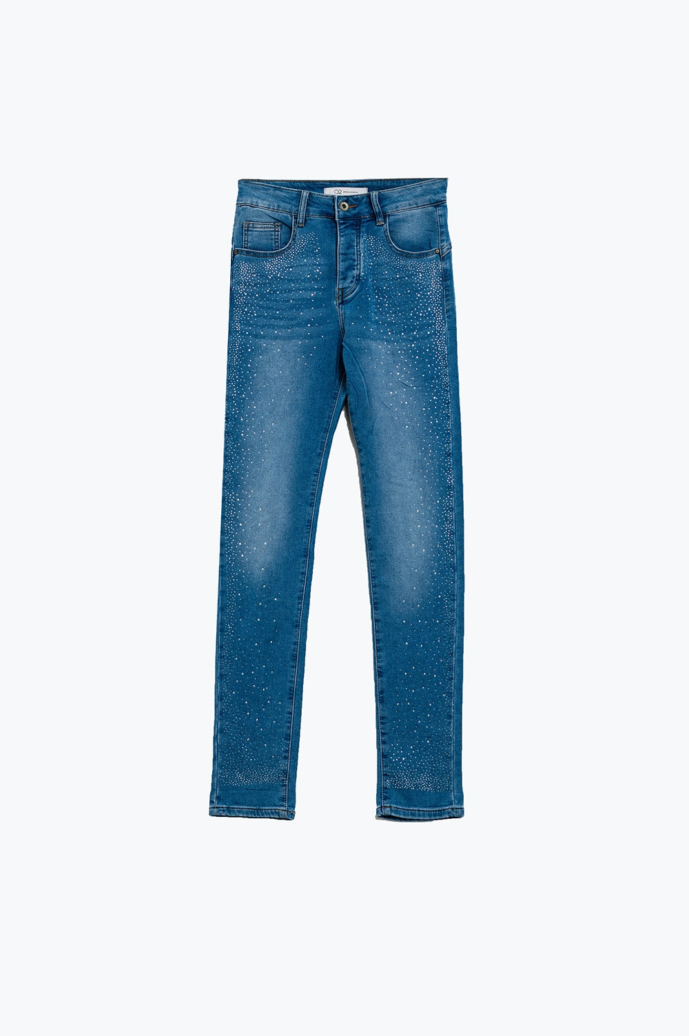 Skinny jeans in washed blue with strass all over the front
