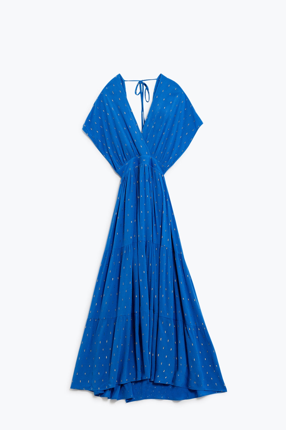loose maxi blue dress sith golden details