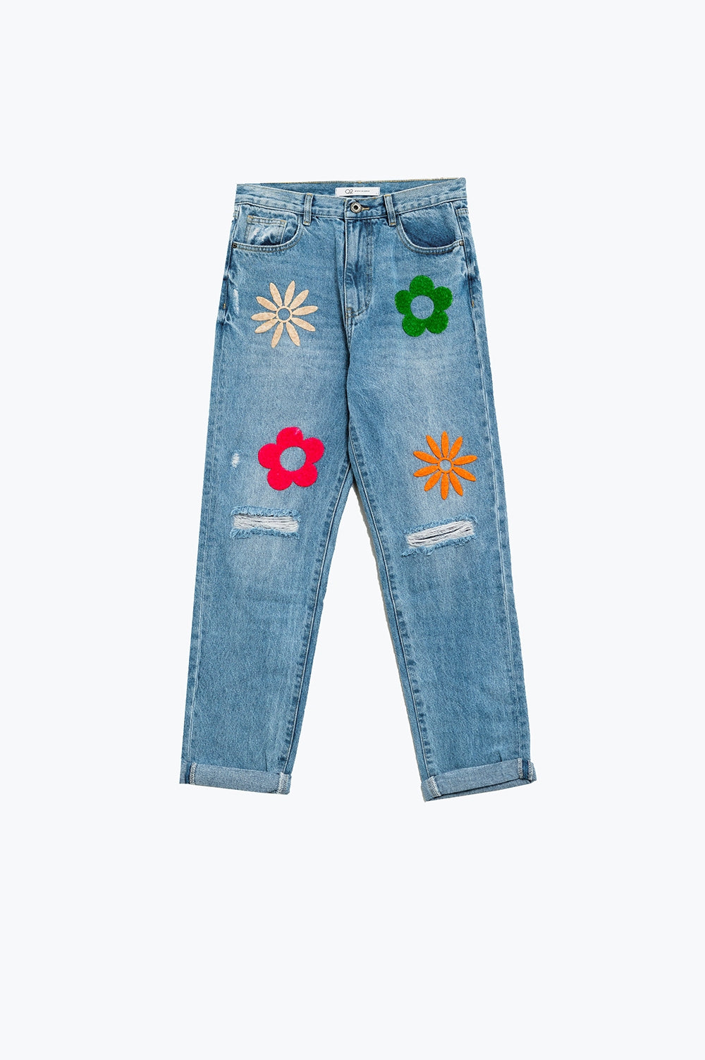 Straight Mom Jeans With Flower Detail In Washed Blue