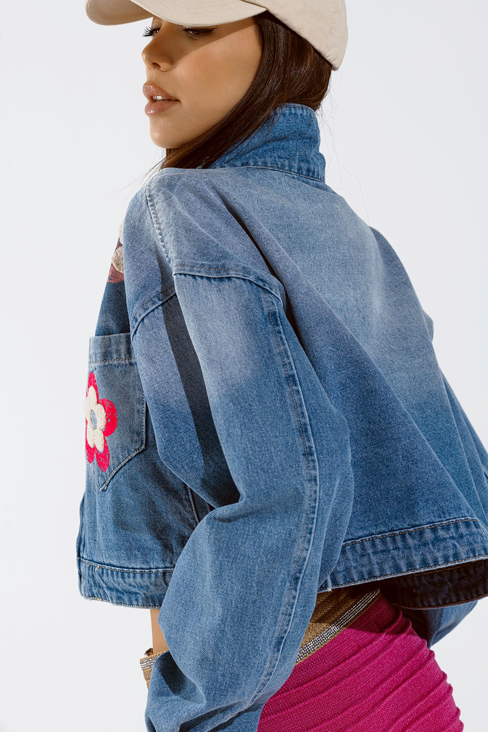 Denim Cropped Jacket WIth Flower Details