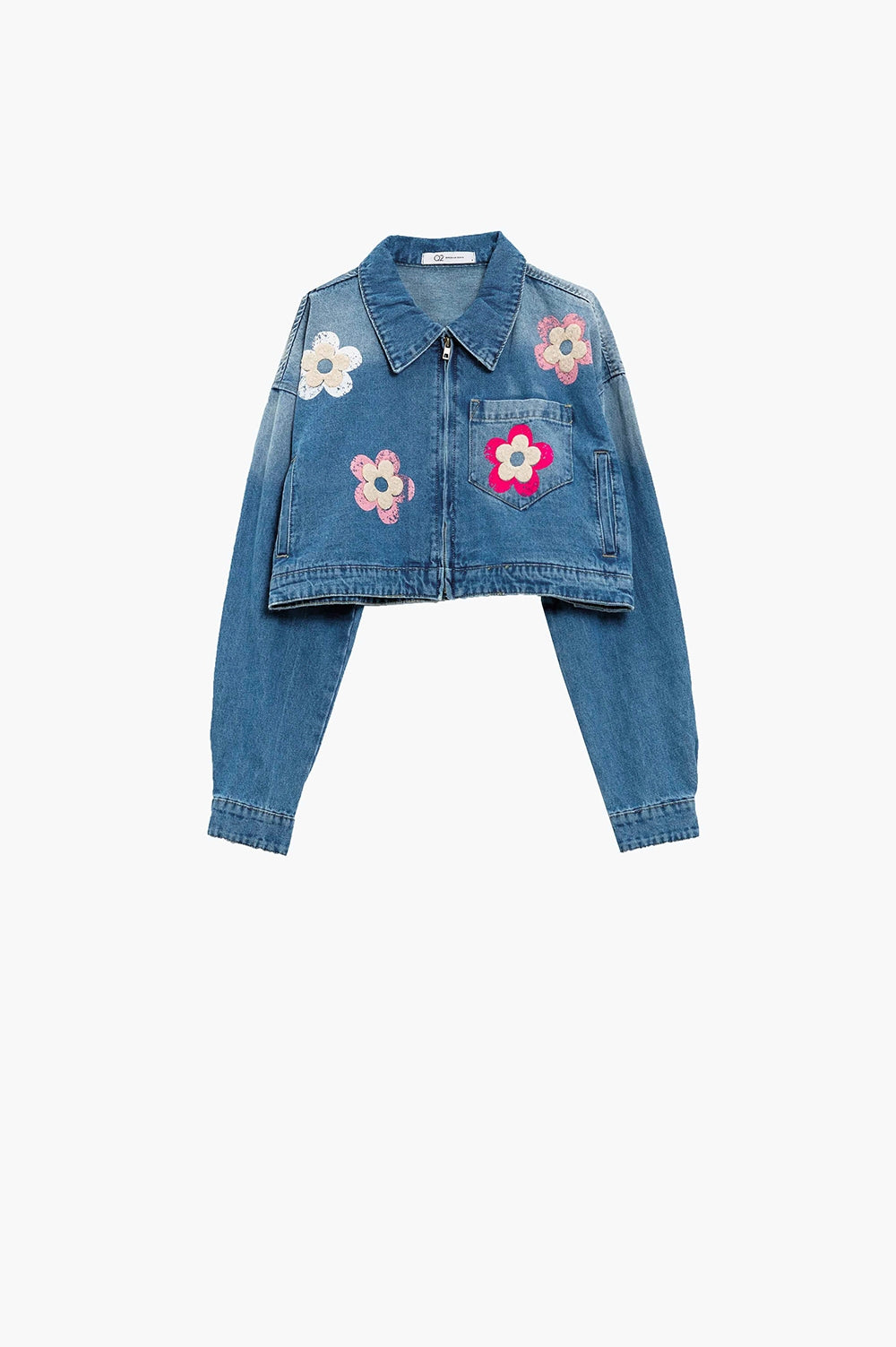 Denim Cropped Jacket WIth Flower Details