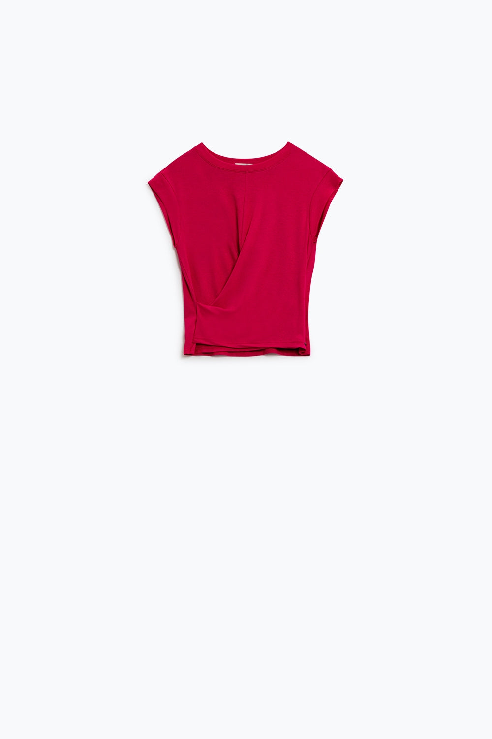 Crew neck T-Shirt with draped design and cap sleeve In Fuschia