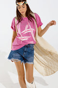 Oversized fuchsia t-shirt printed LA Los Angeles in white and fuchsia