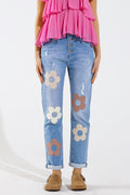 Straight Jeans With Button Closing and Flower Detail in Front