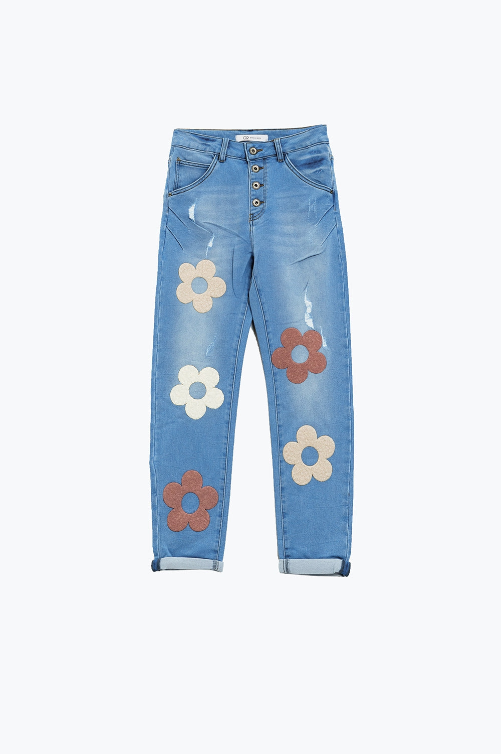 Straight Jeans With Button Closing and Flower Detail in Front