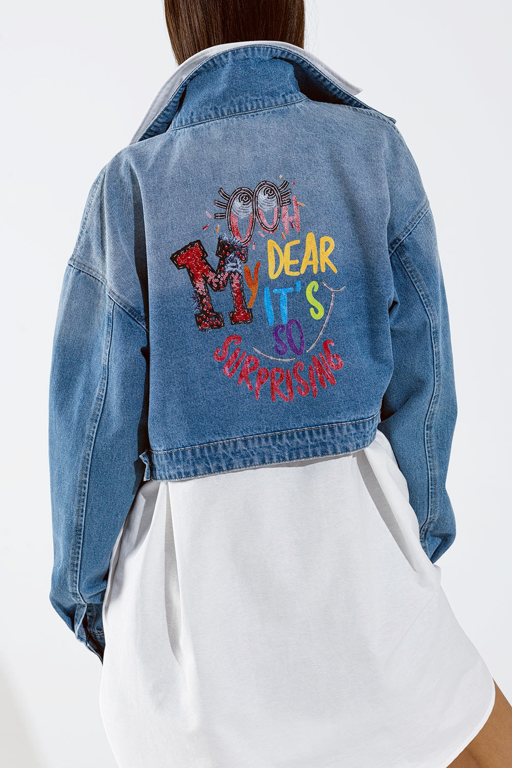 Cropped Denim Jacket with zipper closure and hand painted print at the  back
