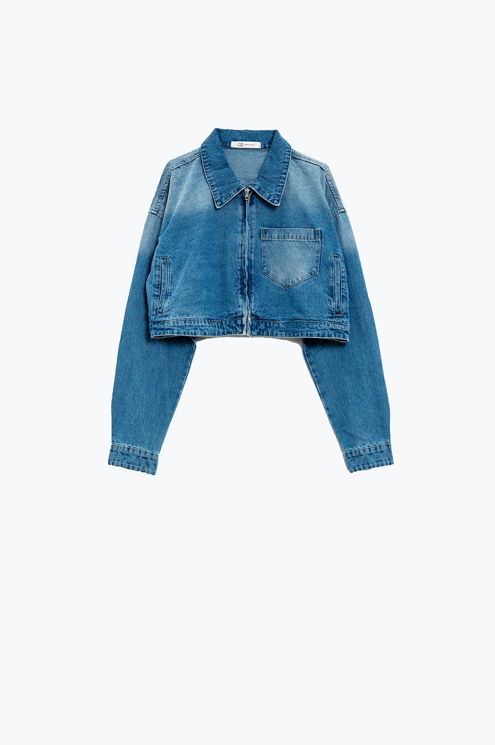 Cropped Denim Jacket with zipper closure and hand painted print at the  back