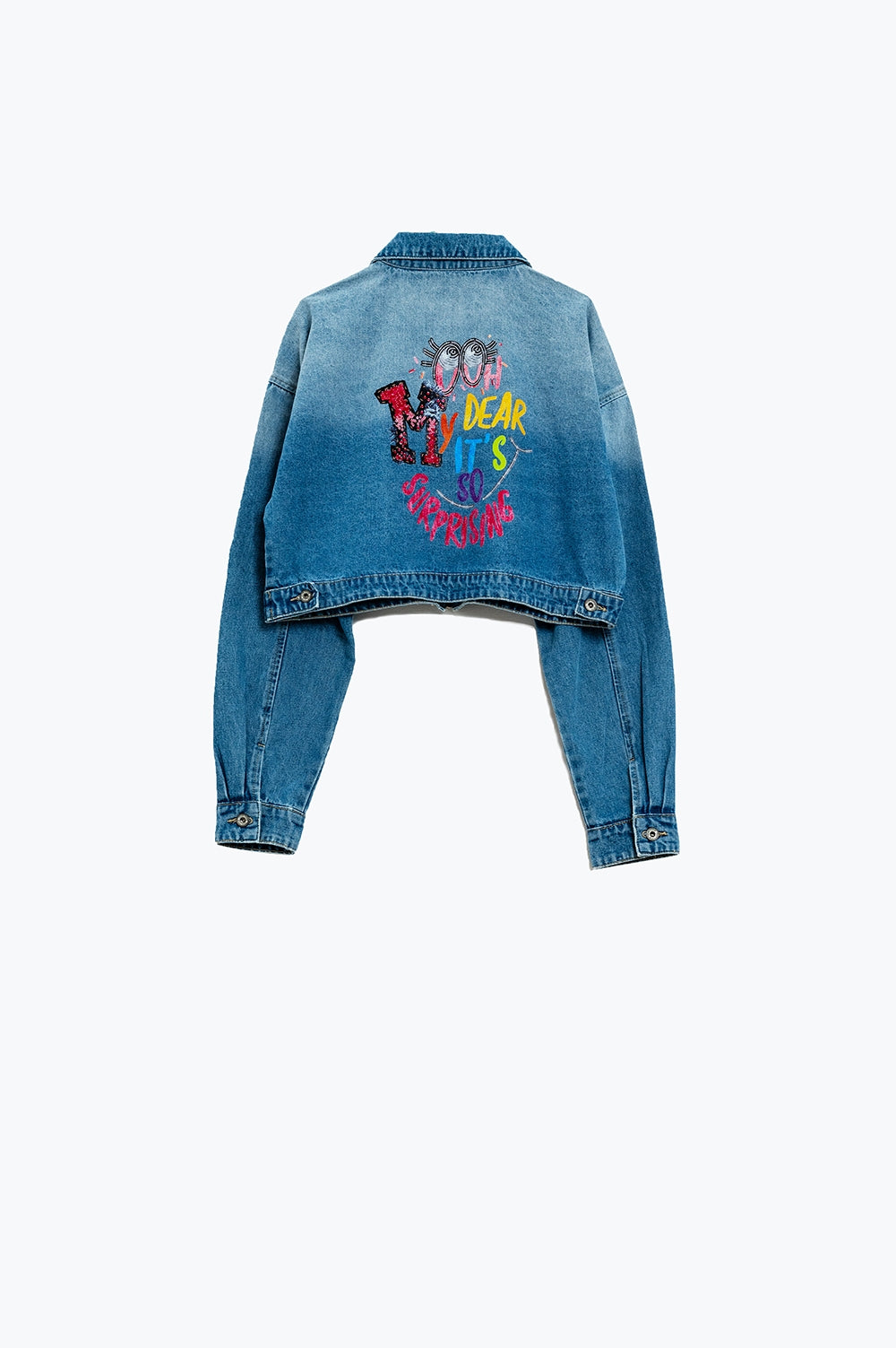 Cropped Denim Jacket with zipper closure and hand painted print at the  back