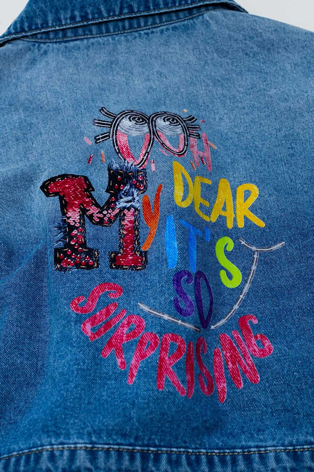 Cropped Denim Jacket with zipper closure and hand painted print at the  back