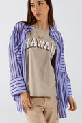 Lavander shirt with purple stripes and chest pockets