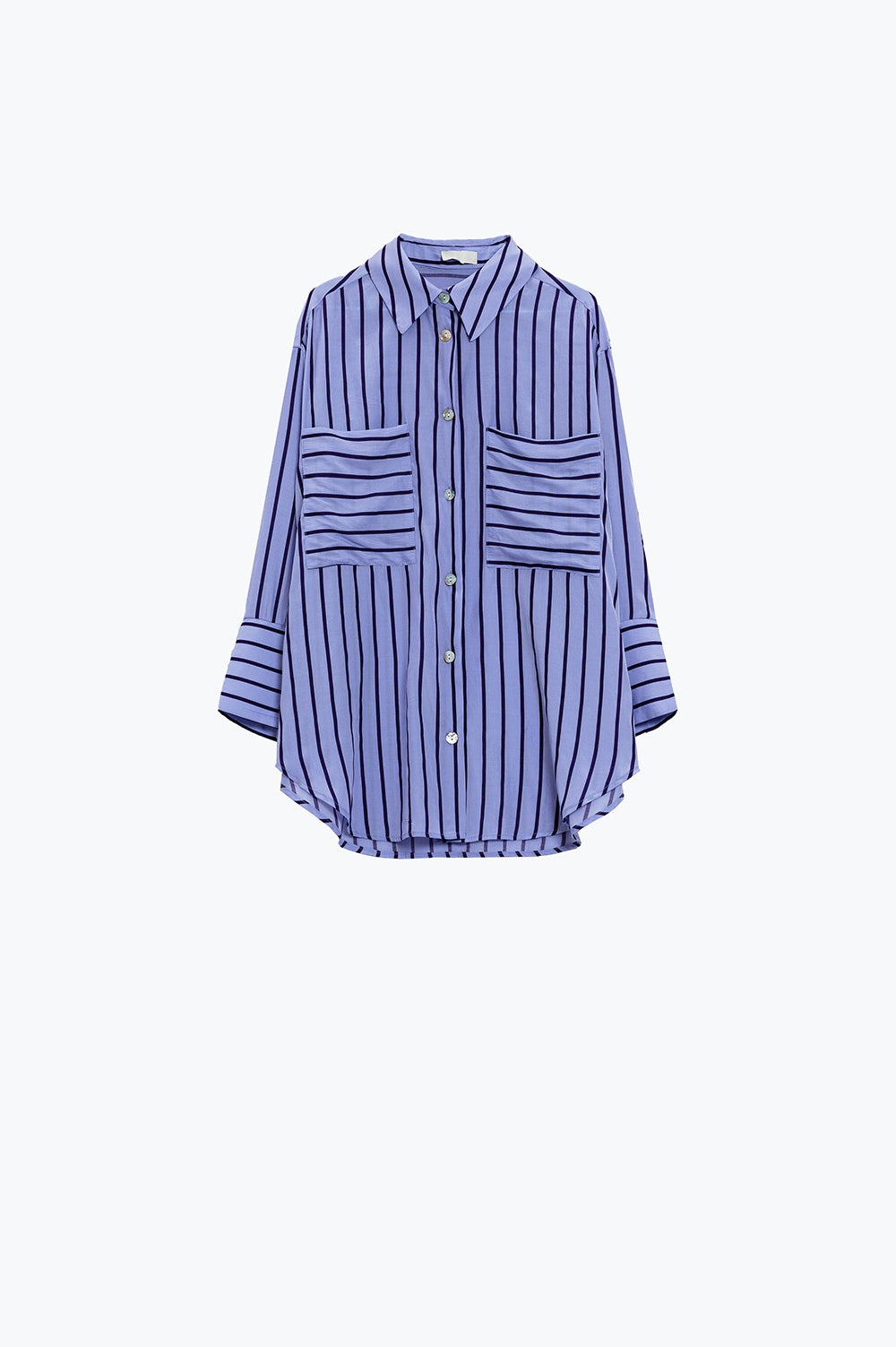 Lavander shirt with purple stripes and chest pockets