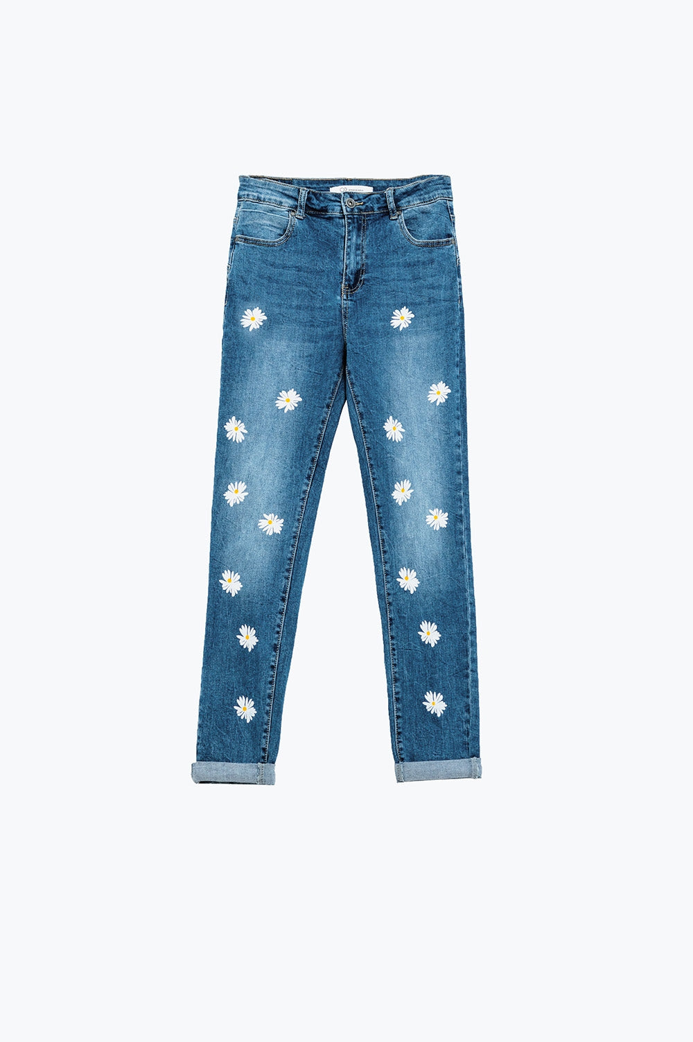 Skinny Jeans With Printed White Daisys In Mid Wash