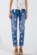 Skinny Jeans With Printed White Daisys In Mid Wash