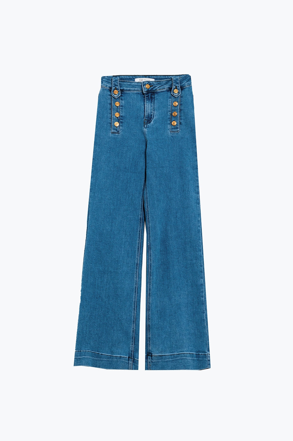 Straight Marine Style Jeans With Golden Buttons Details On The Side in Mid Blue