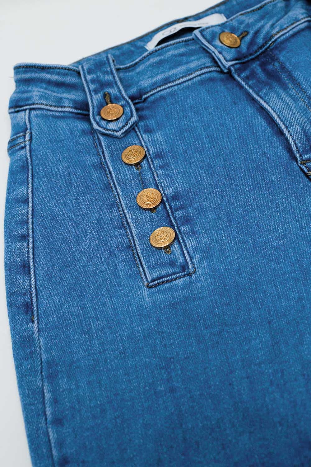 Straight Marine Style Jeans With Golden Buttons Details On The Side in Mid Blue