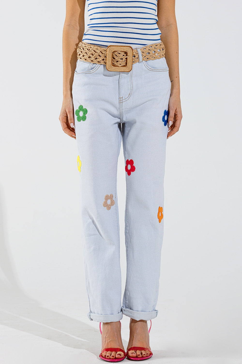 Bleached Relaxed Jeans With Multicolor Floral Design