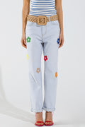 Bleached Relaxed Jeans With Multicolor Floral Design