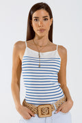 White top with blue stripes and thin straps