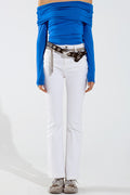 Skinny Flared Jeans With Double Button Detail in White