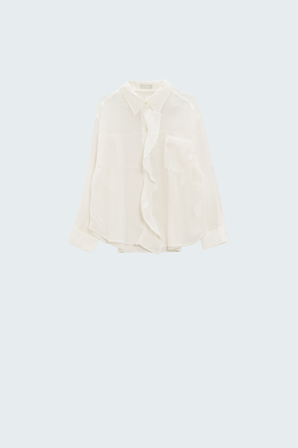 Semi Sheer White Blouse With Ruffle Detail Down The Front