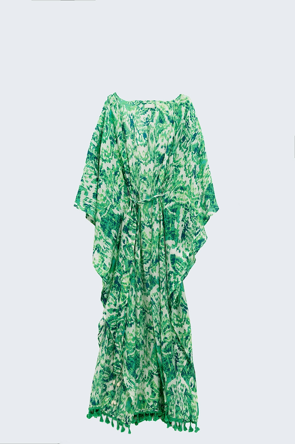 Green Long Kimono With Drawstring Closing in Tribal Print